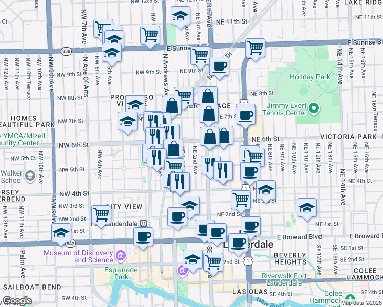 map of restaurants, bars, coffee shops, grocery stores, and more near 513 Northeast 2nd Avenue in Fort Lauderdale