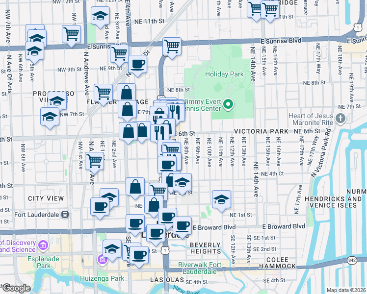 map of restaurants, bars, coffee shops, grocery stores, and more near 504 Northeast 7th Avenue in Fort Lauderdale