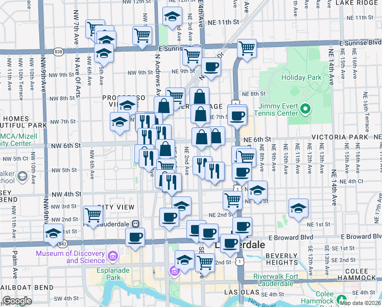 map of restaurants, bars, coffee shops, grocery stores, and more near 513 Northeast 2nd Avenue in Fort Lauderdale