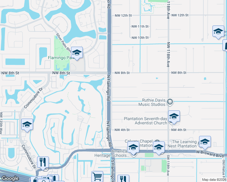 map of restaurants, bars, coffee shops, grocery stores, and more near 12301 Northwest 6th Street in Plantation