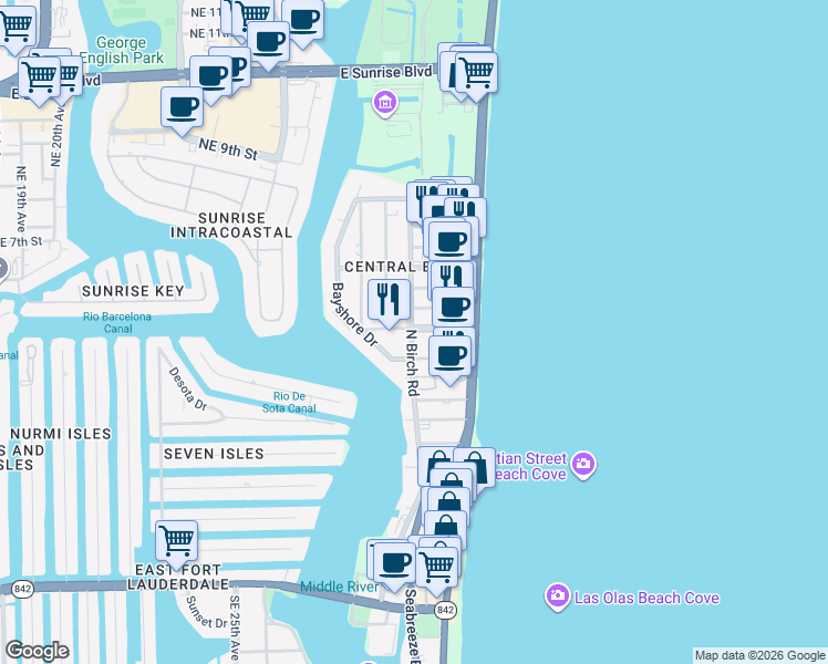 map of restaurants, bars, coffee shops, grocery stores, and more near 420 North Birch Road in Fort Lauderdale