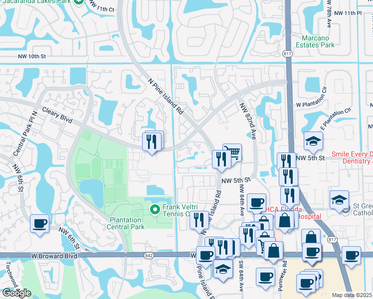 map of restaurants, bars, coffee shops, grocery stores, and more near 751 North Pine Island Road in Plantation
