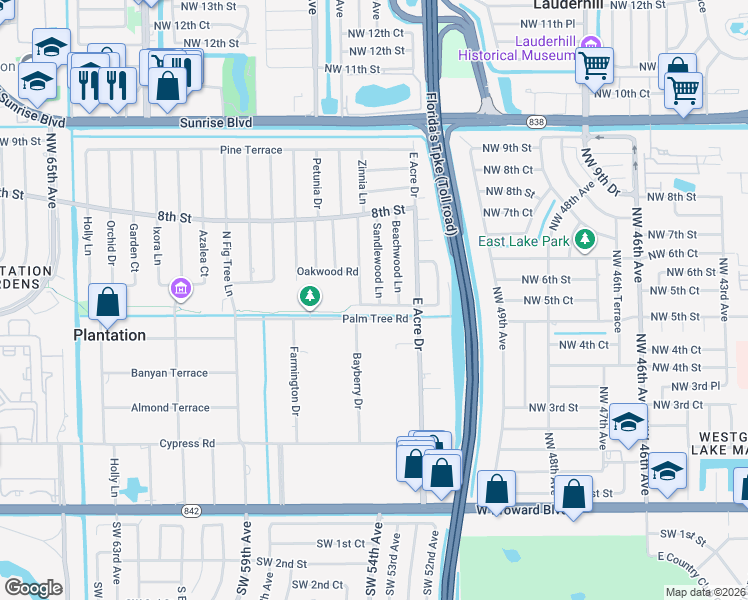 map of restaurants, bars, coffee shops, grocery stores, and more near 5356 Redwood Road in Plantation