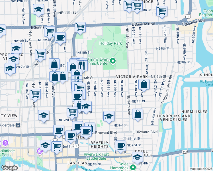 map of restaurants, bars, coffee shops, grocery stores, and more near 508 Northeast 10th Avenue in Fort Lauderdale