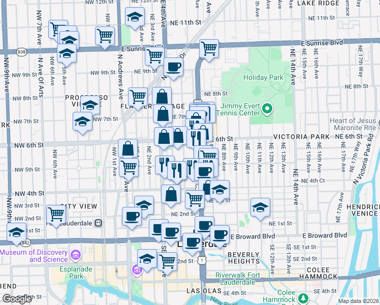 map of restaurants, bars, coffee shops, grocery stores, and more near 501 Northeast 5th Terrace in Fort Lauderdale