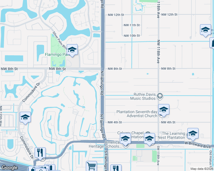 map of restaurants, bars, coffee shops, grocery stores, and more near 12301 Northwest 6th Street in Plantation