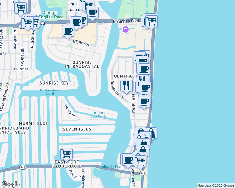 map of restaurants, bars, coffee shops, grocery stores, and more near 425 Bayshore Drive in Fort Lauderdale