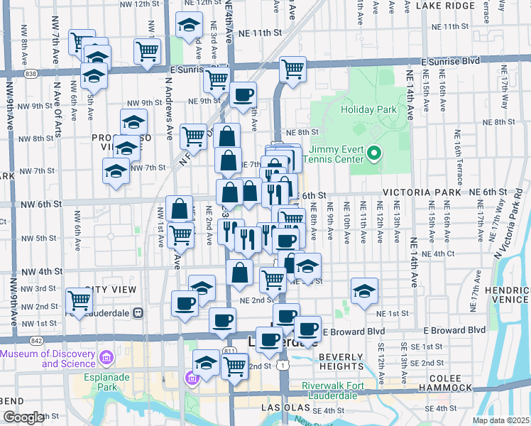 map of restaurants, bars, coffee shops, grocery stores, and more near 511 Northeast 5th Avenue in Fort Lauderdale
