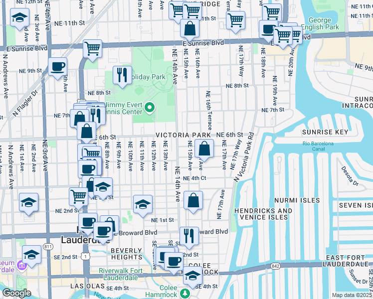 map of restaurants, bars, coffee shops, grocery stores, and more near 501 Northeast 15th Avenue in Fort Lauderdale