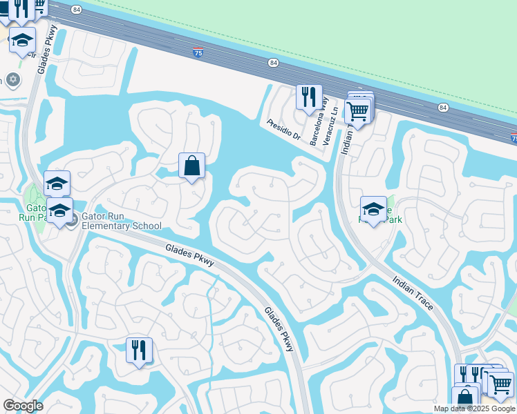 map of restaurants, bars, coffee shops, grocery stores, and more near 1020 Savannah Falls Drive in Weston