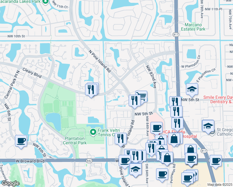 map of restaurants, bars, coffee shops, grocery stores, and more near 751 North Pine Island Road in Plantation
