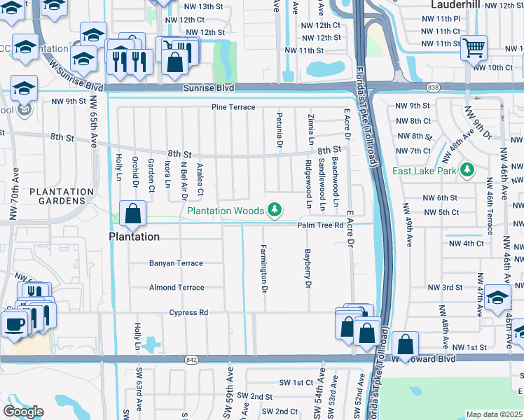 map of restaurants, bars, coffee shops, grocery stores, and more near 5555 Palm Tree Road in Plantation