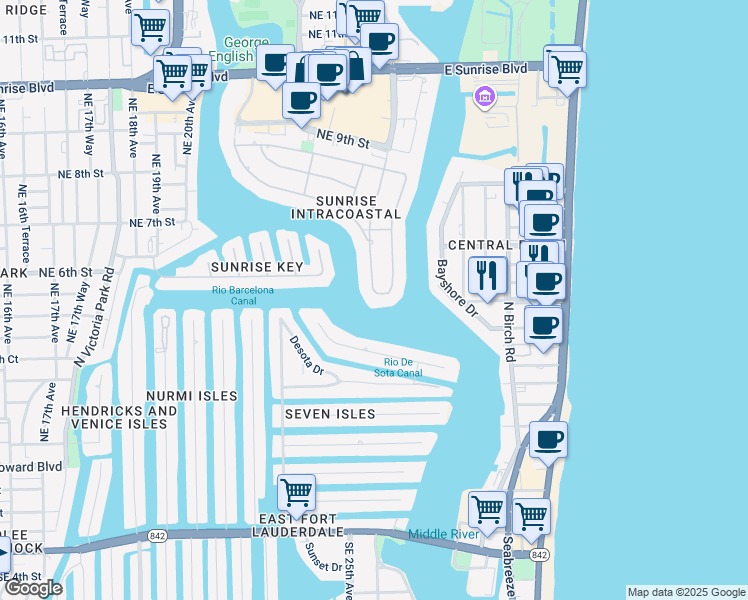 map of restaurants, bars, coffee shops, grocery stores, and more near 505 Middle River Drive in Fort Lauderdale