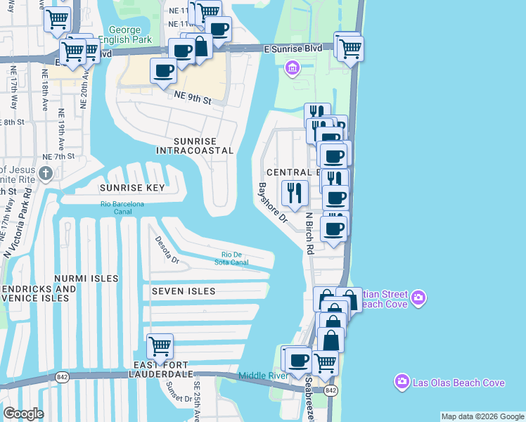map of restaurants, bars, coffee shops, grocery stores, and more near 511 Bayshore Drive in Fort Lauderdale