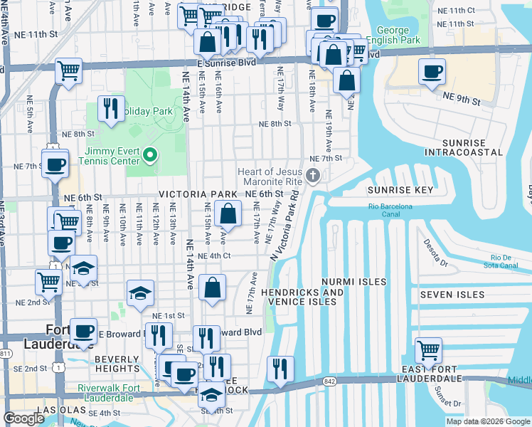 map of restaurants, bars, coffee shops, grocery stores, and more near 501 Northeast 17th Avenue in Fort Lauderdale