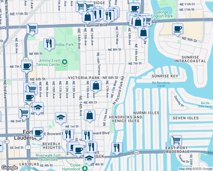 map of restaurants, bars, coffee shops, grocery stores, and more near 501 Northeast 17th Avenue in Fort Lauderdale