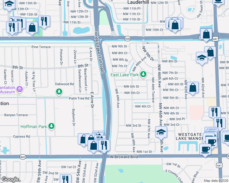 map of restaurants, bars, coffee shops, grocery stores, and more near 529 Northwest 49th Avenue in Plantation