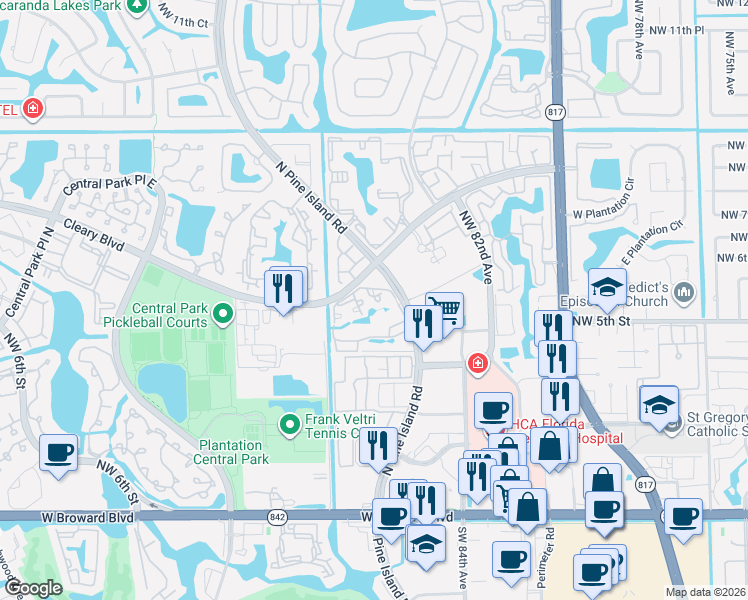 map of restaurants, bars, coffee shops, grocery stores, and more near 751 North Pine Island Road in Plantation