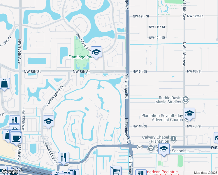 map of restaurants, bars, coffee shops, grocery stores, and more near 12870 Vista Isles Drive in Plantation