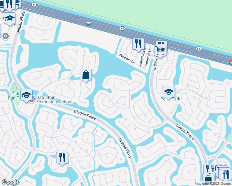 map of restaurants, bars, coffee shops, grocery stores, and more near 1020 Savannah Falls Drive in Weston