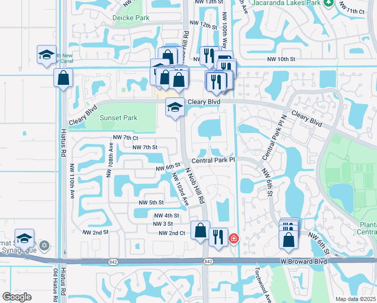 map of restaurants, bars, coffee shops, grocery stores, and more near 10203 Northwest 6th Street in Plantation