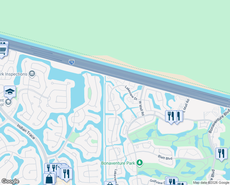 map of restaurants, bars, coffee shops, grocery stores, and more near 715 Lakeview Drive in Weston