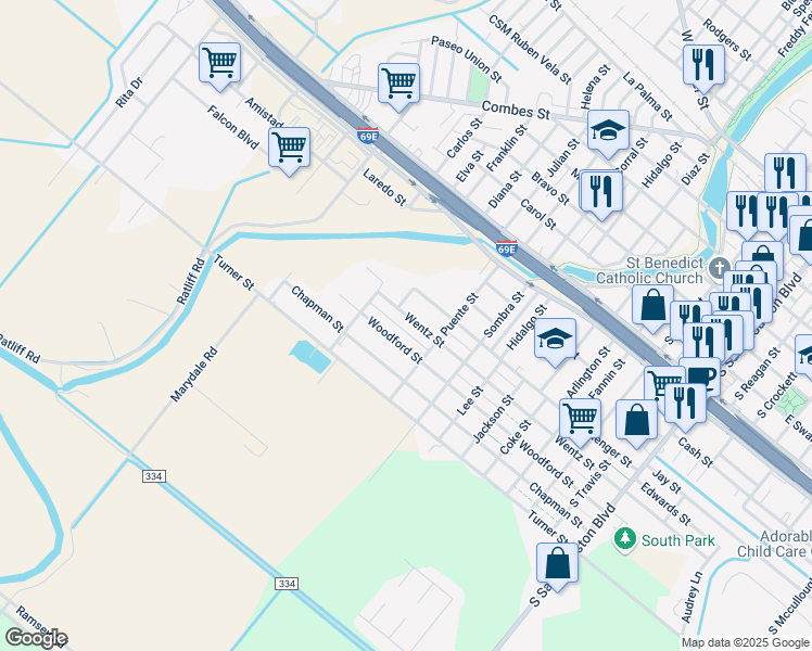 map of restaurants, bars, coffee shops, grocery stores, and more near 937 Woodford Street in San Benito