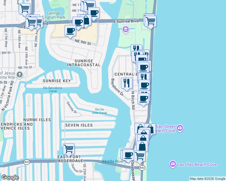 map of restaurants, bars, coffee shops, grocery stores, and more near 511 Bayshore Drive in Fort Lauderdale