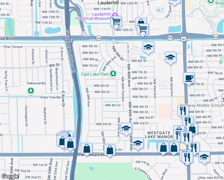map of restaurants, bars, coffee shops, grocery stores, and more near 4701 Northwest 5th Street in Plantation