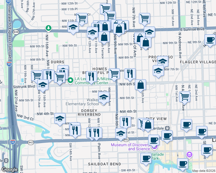 map of restaurants, bars, coffee shops, grocery stores, and more near 1016 Northwest 5th Court in Fort Lauderdale