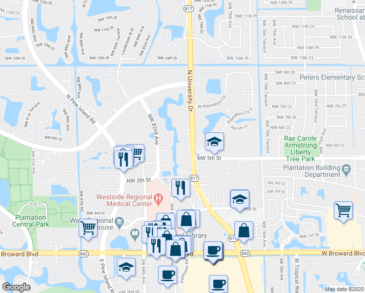 map of restaurants, bars, coffee shops, grocery stores, and more near 497 North University Drive in Plantation