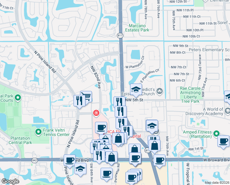 map of restaurants, bars, coffee shops, grocery stores, and more near 497 North University Drive in Plantation