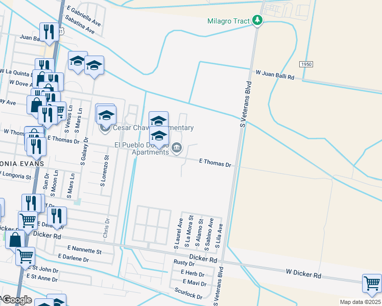 map of restaurants, bars, coffee shops, grocery stores, and more near 15 East Thomas Drive in Pharr