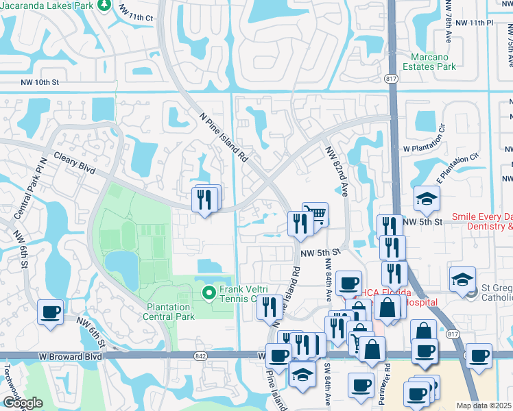 map of restaurants, bars, coffee shops, grocery stores, and more near 751 North Pine Island Road in Plantation