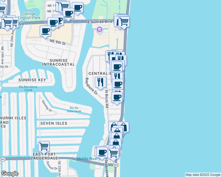 map of restaurants, bars, coffee shops, grocery stores, and more near 420 North Birch Road in Fort Lauderdale