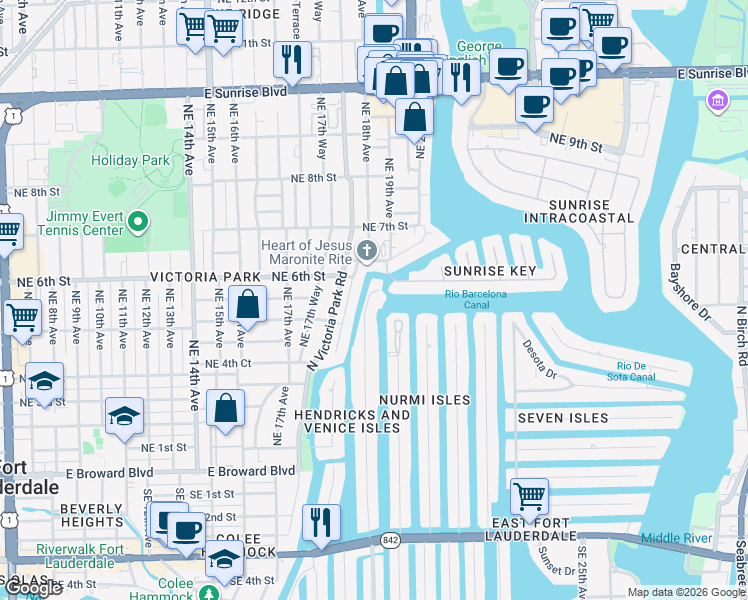 map of restaurants, bars, coffee shops, grocery stores, and more near 180 Isle of Venice Drive in Fort Lauderdale