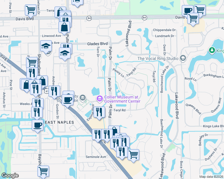 map of restaurants, bars, coffee shops, grocery stores, and more near 255 Palm Drive in Naples