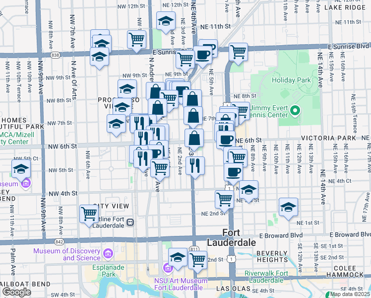 map of restaurants, bars, coffee shops, grocery stores, and more near 533 Northeast 3rd Avenue in Fort Lauderdale