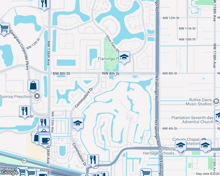map of restaurants, bars, coffee shops, grocery stores, and more near 12980 Vista Isles Drive in Plantation