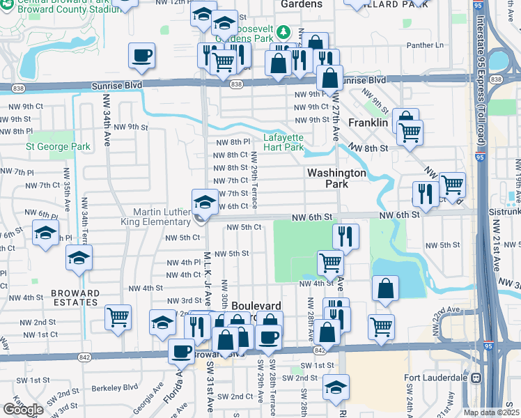 map of restaurants, bars, coffee shops, grocery stores, and more near 2858 Northwest 7th Street in Fort Lauderdale