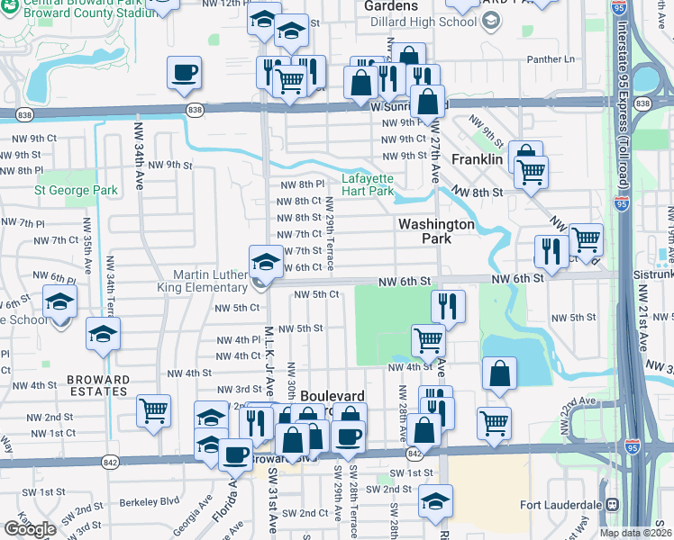map of restaurants, bars, coffee shops, grocery stores, and more near 2858 Northwest 7th Street in Fort Lauderdale