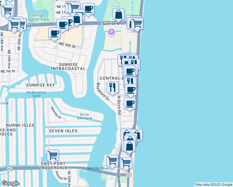 map of restaurants, bars, coffee shops, grocery stores, and more near 527 North Birch Road in Fort Lauderdale