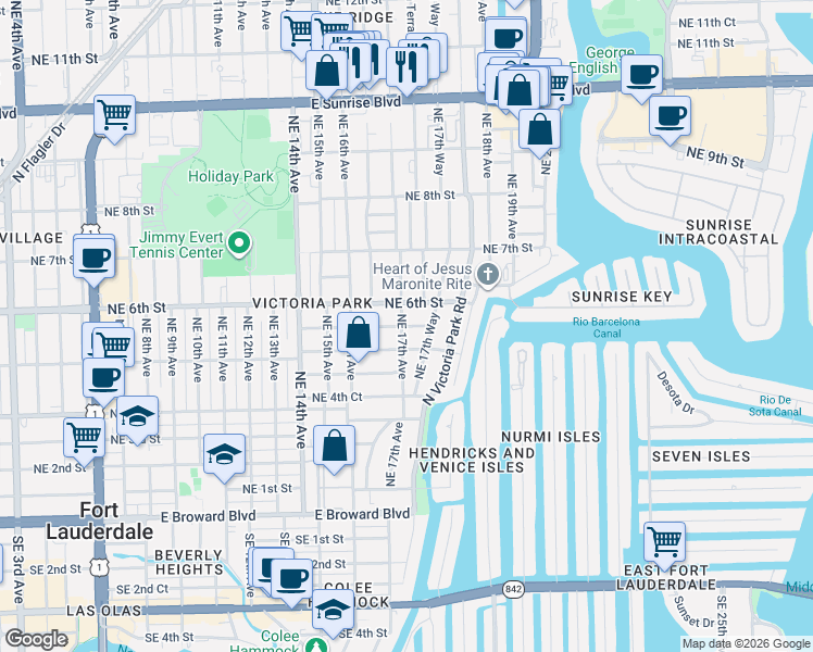 map of restaurants, bars, coffee shops, grocery stores, and more near 545 Northeast 17th Avenue in Fort Lauderdale