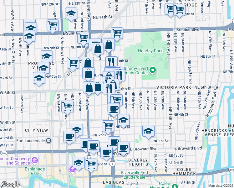 map of restaurants, bars, coffee shops, grocery stores, and more near 718 Northeast 6th Street in Fort Lauderdale