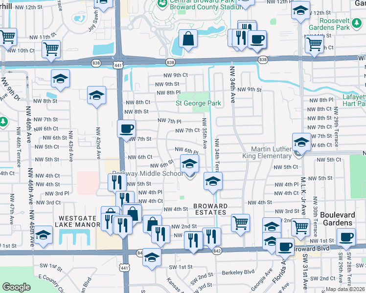 map of restaurants, bars, coffee shops, grocery stores, and more near 3641 Northwest 7th Street in Fort Lauderdale