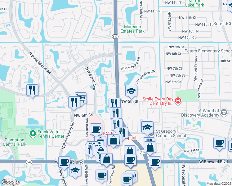 map of restaurants, bars, coffee shops, grocery stores, and more near 8140 Cleary Boulevard in Plantation