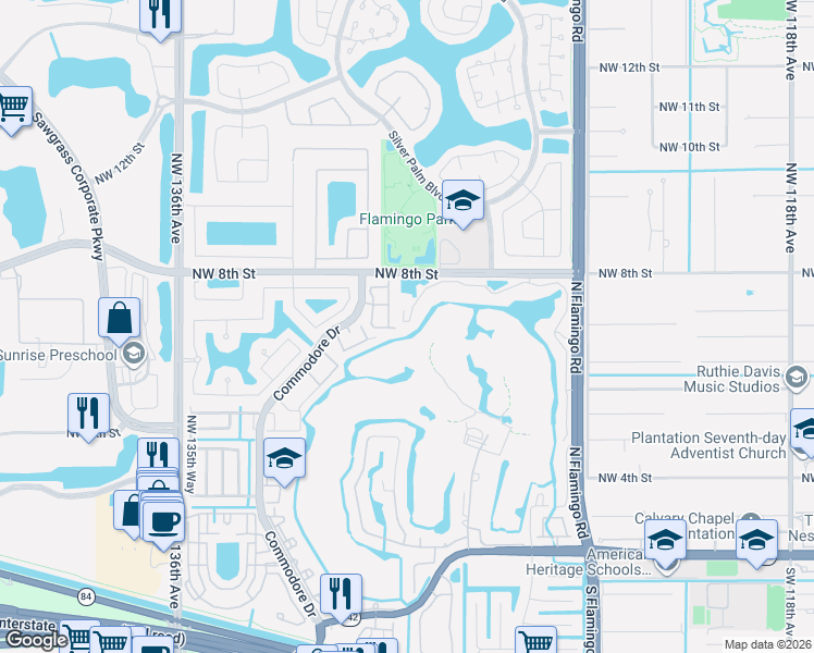 map of restaurants, bars, coffee shops, grocery stores, and more near 12980 Vista Isles Drive in Plantation