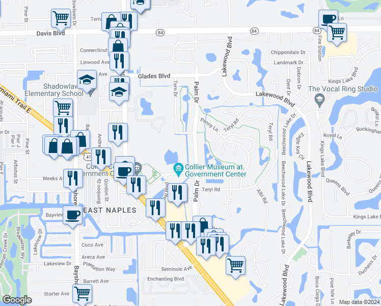 map of restaurants, bars, coffee shops, grocery stores, and more near 224 Palm Drive in Naples