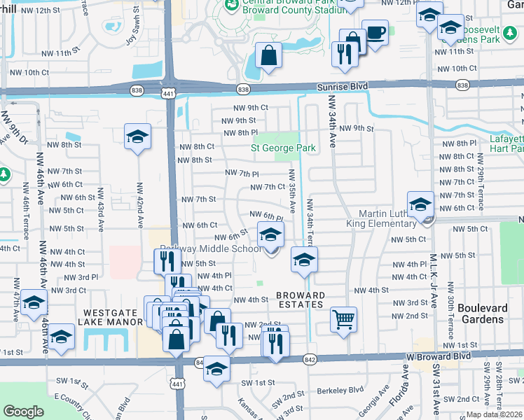 map of restaurants, bars, coffee shops, grocery stores, and more near 3641 Northwest 7th Street in Fort Lauderdale