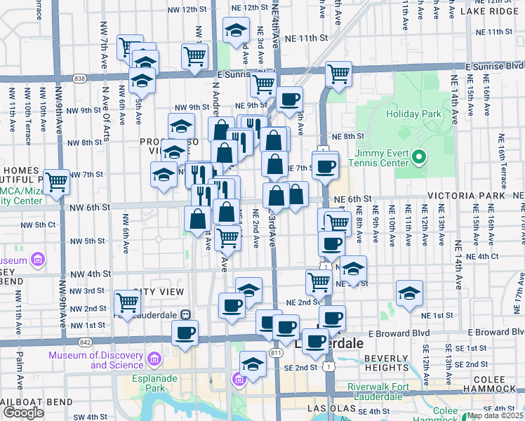 map of restaurants, bars, coffee shops, grocery stores, and more near 125 Northeast 6th Street in Fort Lauderdale